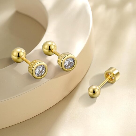 Stud Earrings Gold Filled 14K Zircon Silver Hypoallergenic Small Women Men - Picture 2 of 6